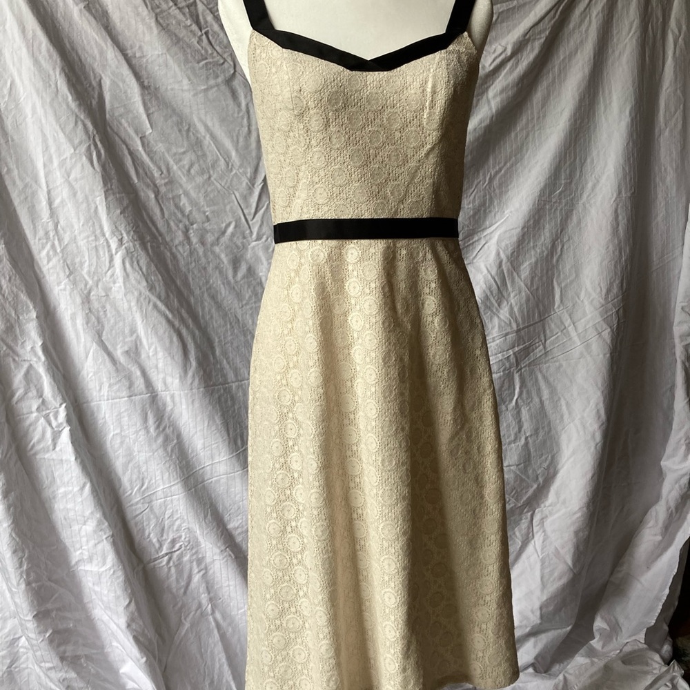 Loft off white lace with black ribbon trim midi dress size 4